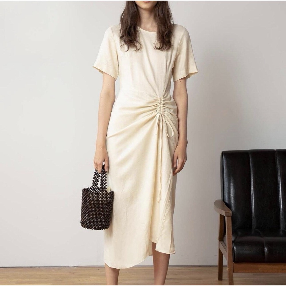 Pixie Market Ruched Tie Front Maxi Dress Linen Blend Luxury M Beige Elegant